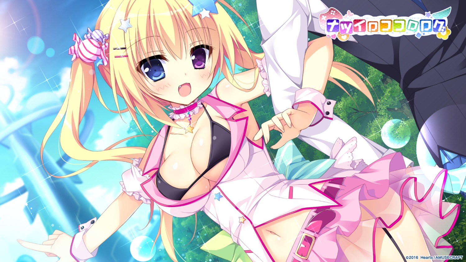 bikini_top, cleavage, hearts, heterochromia, nanakuni_kotone, natsuiro_kokoro_log, open_shirt, see_through, shiromochi_sakura, swimsuits, underboob, wallpaper