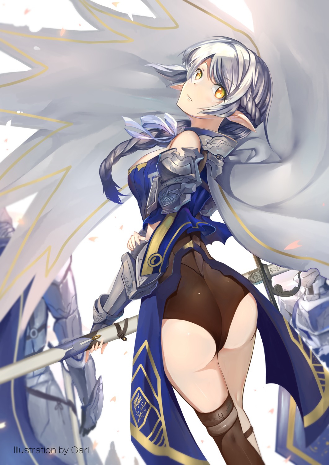 armor, ass, elf, gari, leotard, pointy_ears, sword, thighhighs