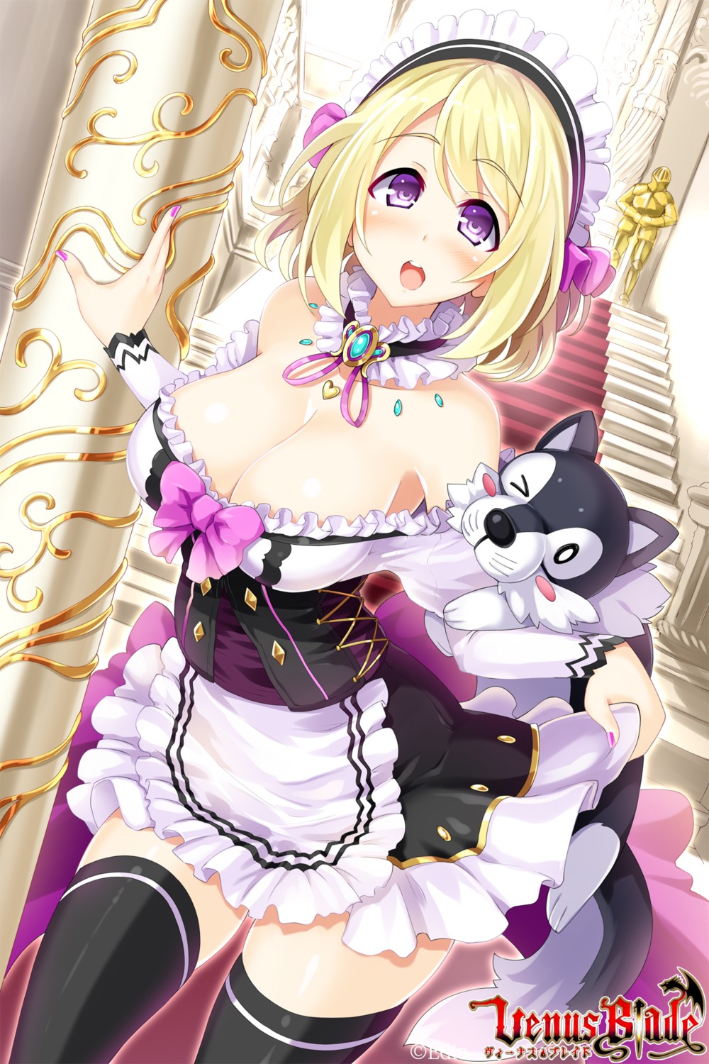 cleavage, hisen_kaede, maid, no_bra, open_shirt, skirt_lift, thighhighs, venus_blade