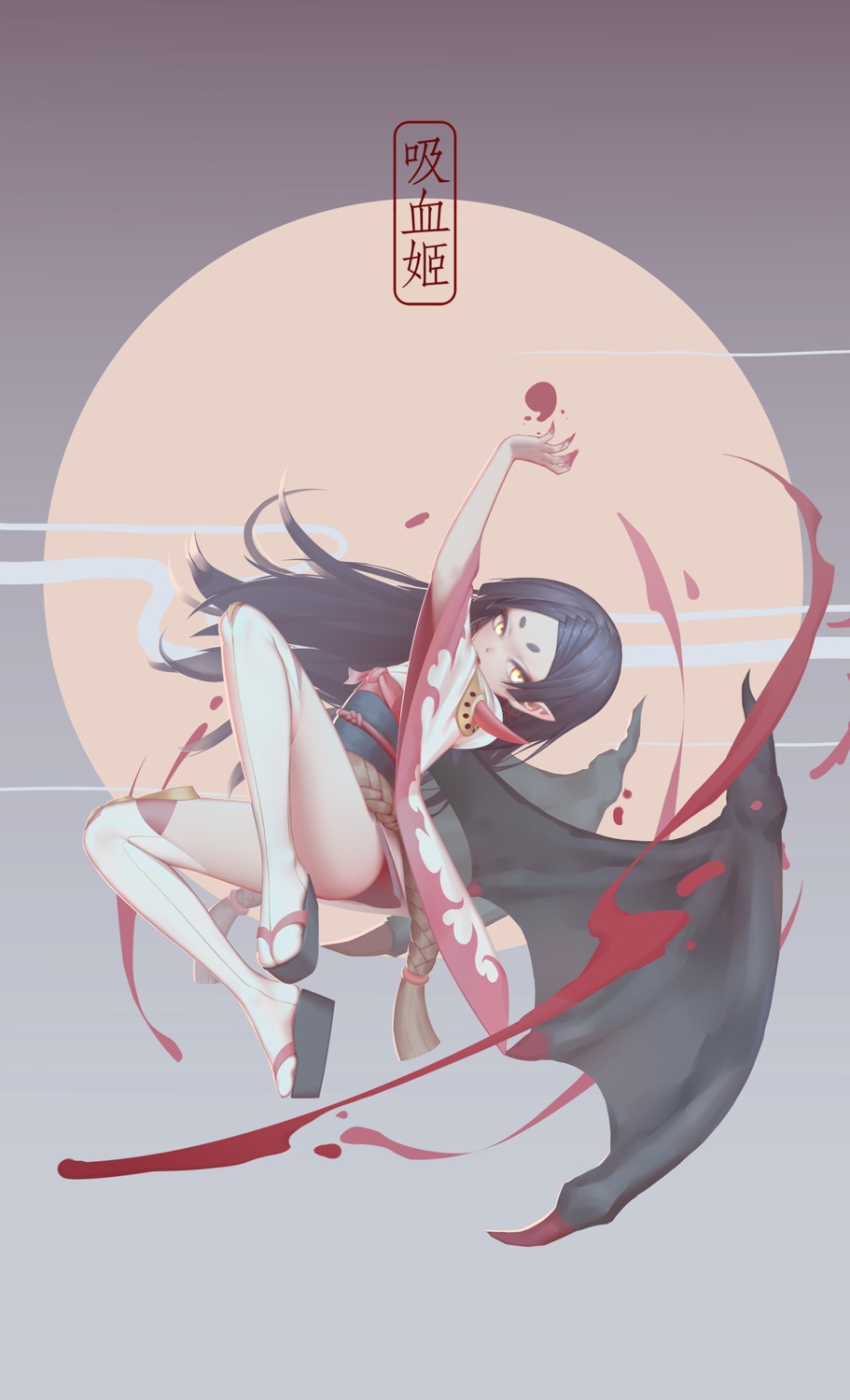 kimono, maredoro, onmyouji, pointy_ears, thighhighs, vampira_(onmyouji), wings