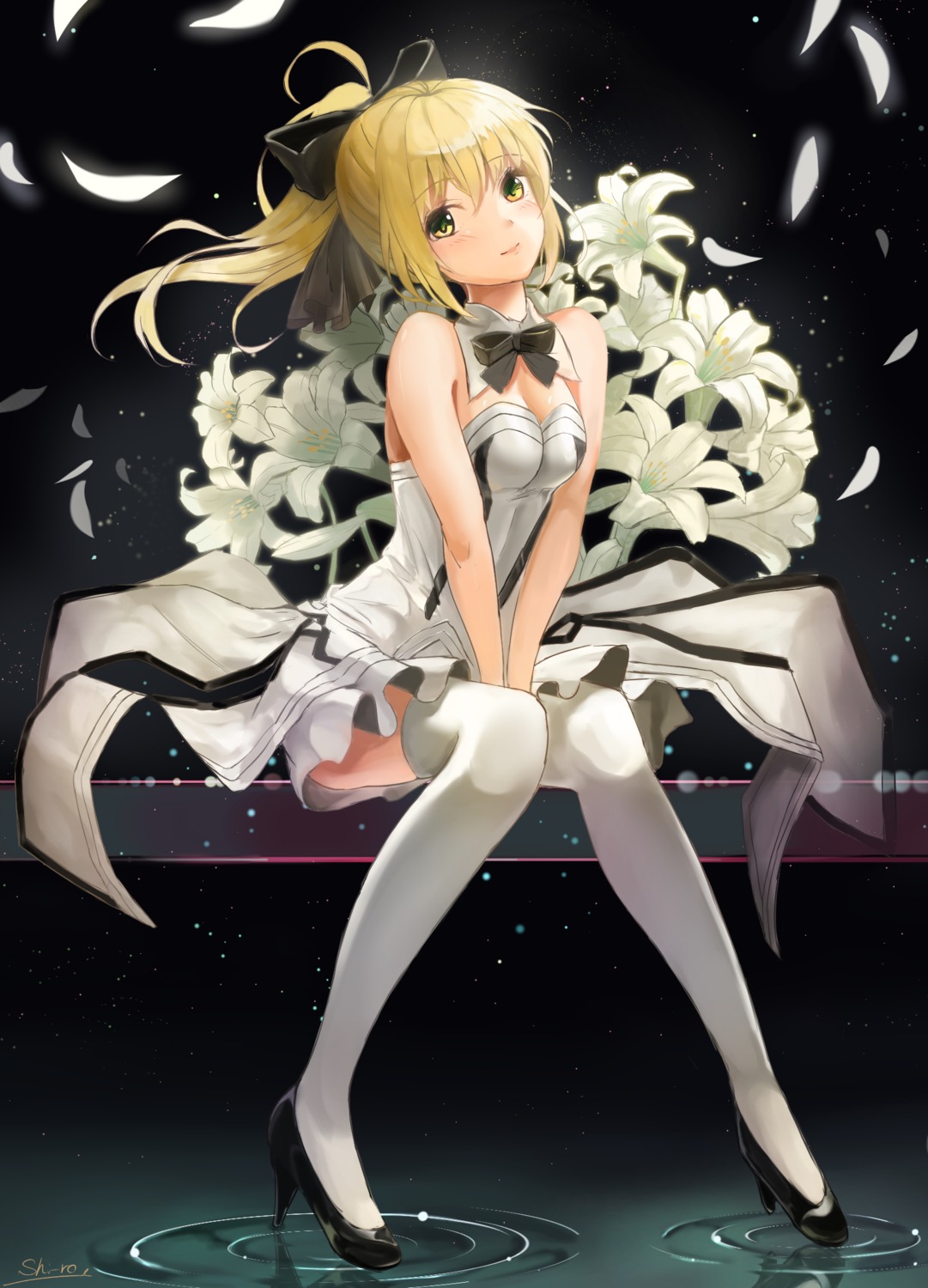 artoria_pendragon_(fate), cleavage, dress, fate/grand_order, heels, shi-ro, thighhighs