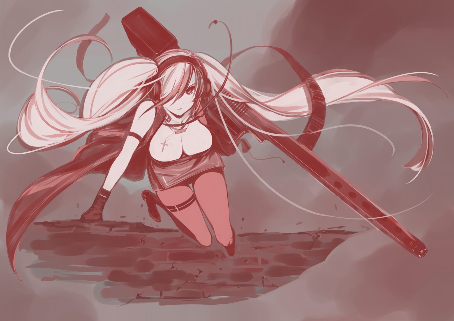 cleavage, garter, girls_frontline, headphones, heels, ice_dragon_(artist), mg42_(girls_frontline), monochrome, open_shirt, pantyhose, weapon