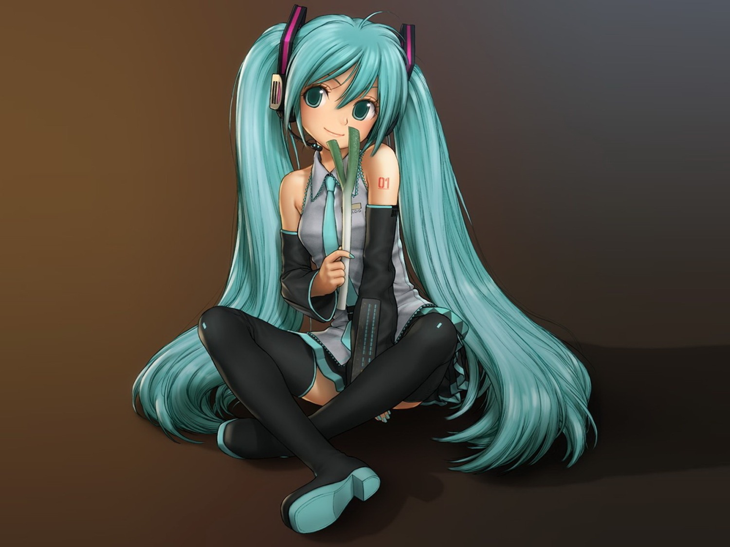 hatsune_miku, headphones, heels, rustle, tattoo, thighhighs, vocaloid