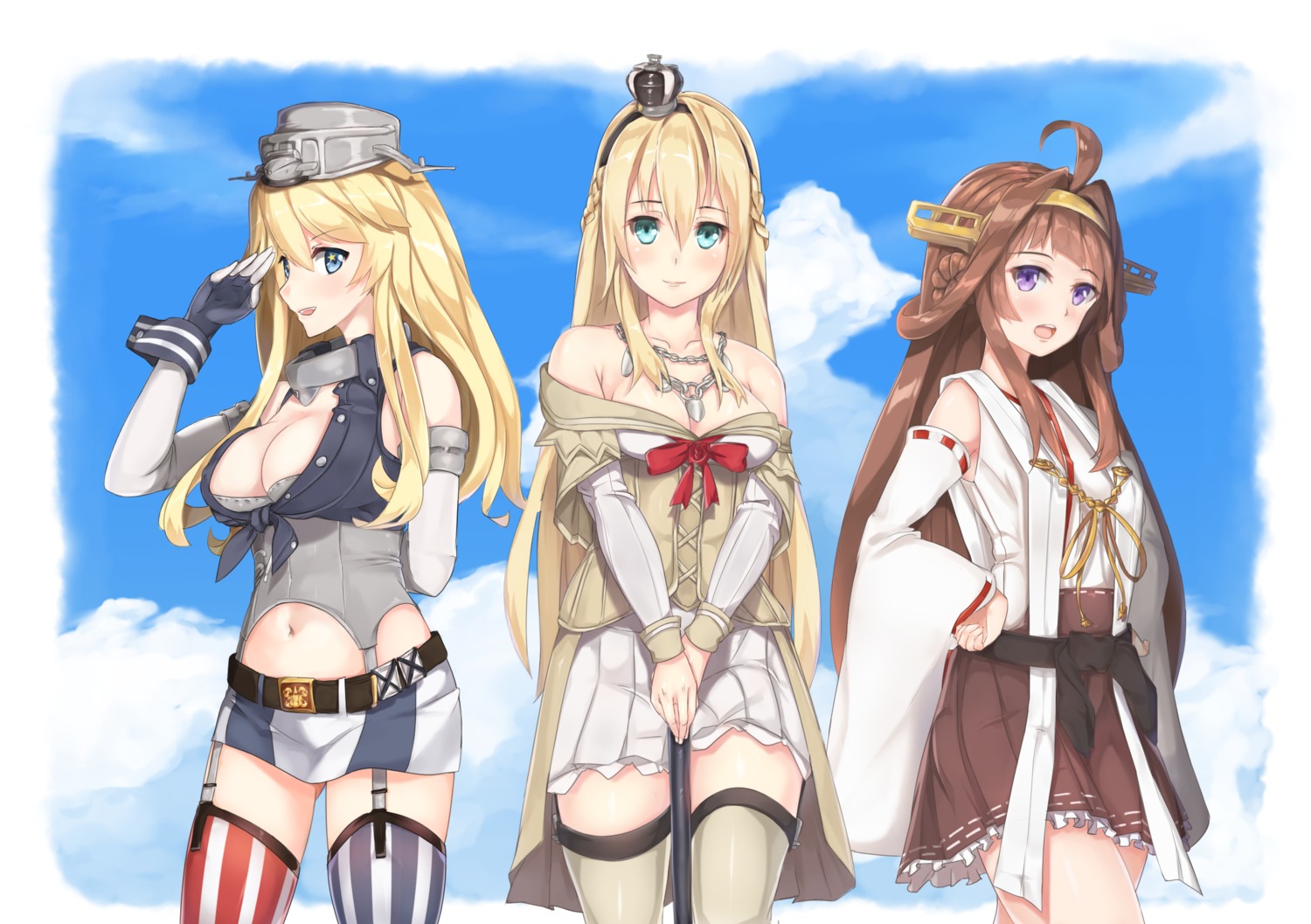 cleavage, iowa_(kancolle), kantai_collection, kongou_(kancolle), ryouya, stockings, thighhighs, warspite_(kancolle)