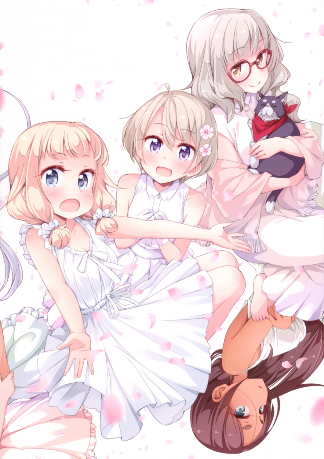 ahagon_umiko, cleavage, dress, hazuki_shizuku, hoshikawa_hotaru, megane, neko, new_game!