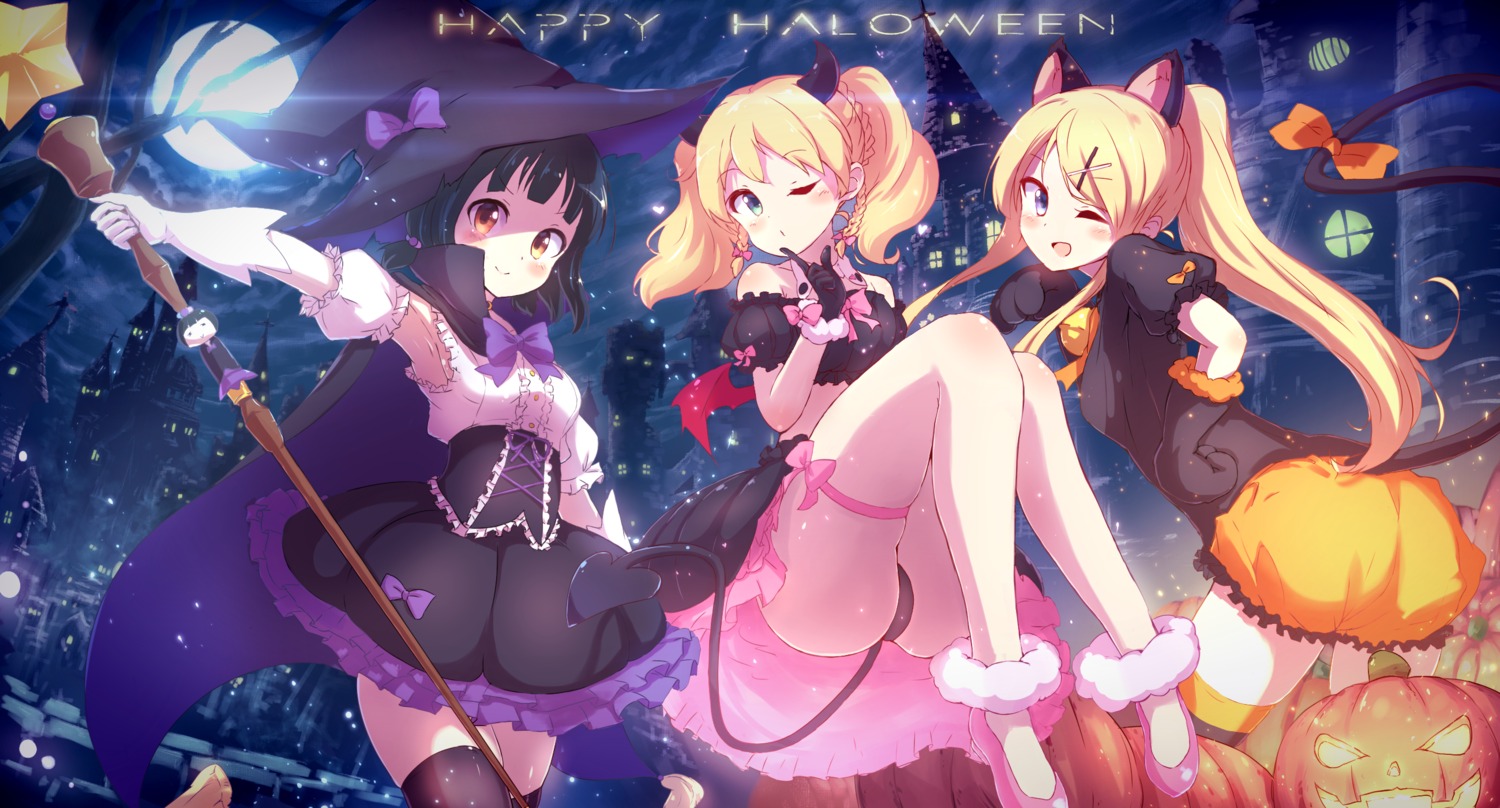 alice_cartelet, animal_ears, garter, halloween, horns, kin-iro_mosaic, kujou_karen, nekomimi, nitro_(mugityaoisii), oomiya_shinobu, pantsu, tail, thighhighs, weapon, wings, witch