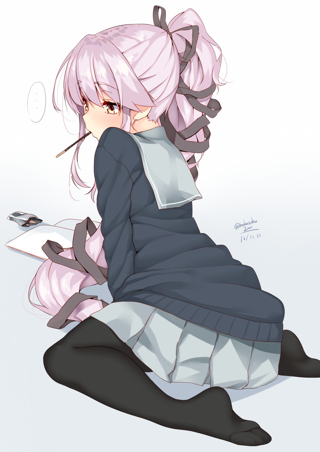 autographed, feet, kantai_collection, nebusoku, pantyhose, seifuku, sweater, yura_(kancolle)