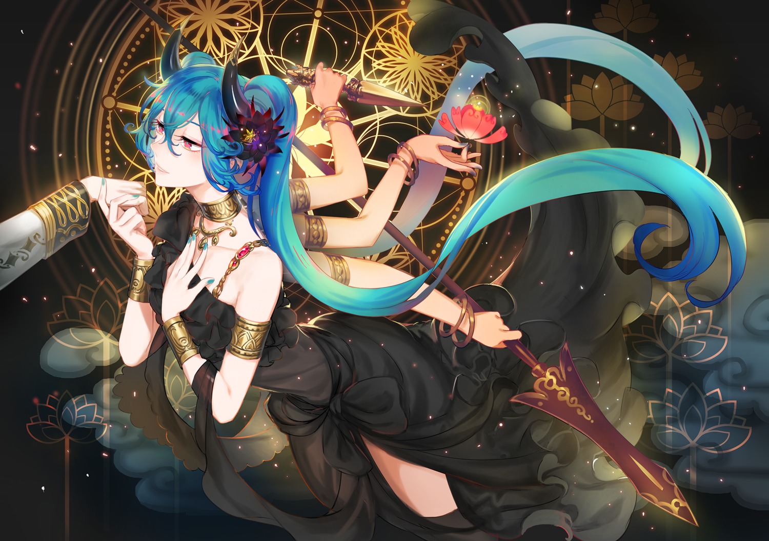 dress, hatsune_miku, horns, thighhighs, verus, vocaloid, weapon