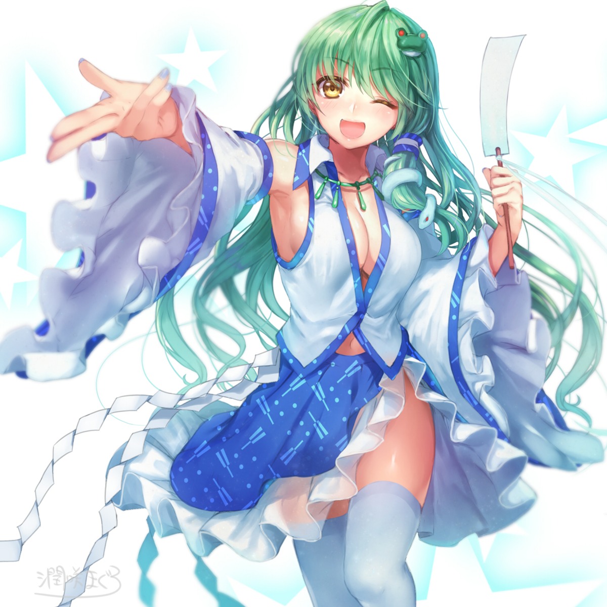 cleavage, kanzaki_maguro, kochiya_sanae, no_bra, see_through, thighhighs, touhou