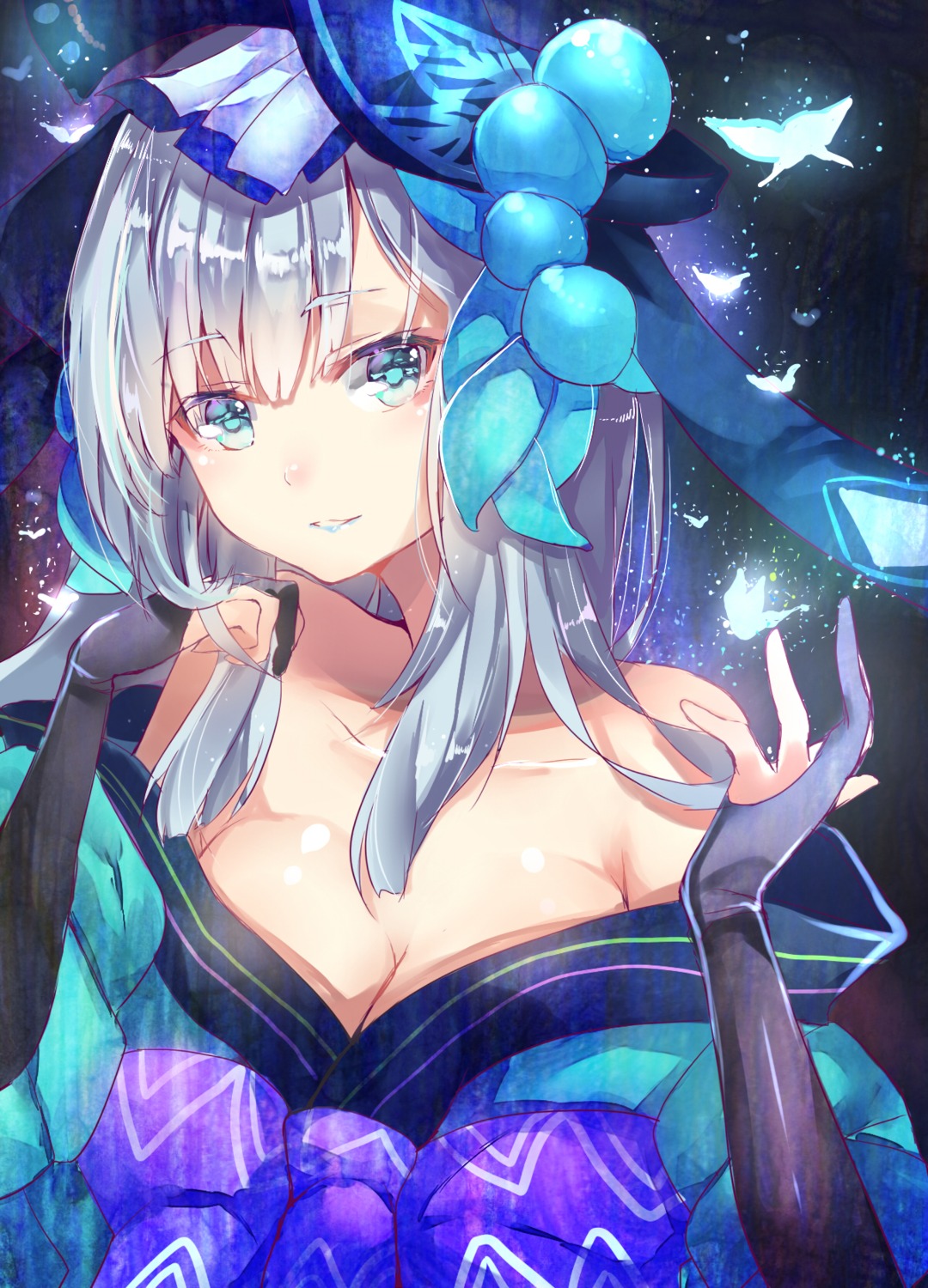 aoandon, cleavage, japanese_clothes, onmyouji, open_shirt, takitou