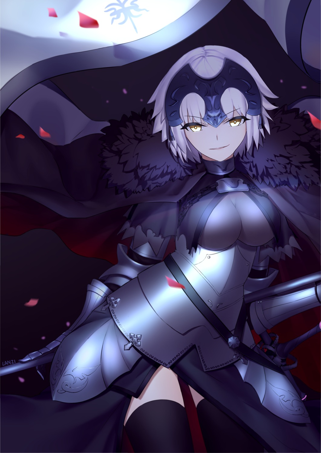 armor, fate/grand_order, jeanne_d'arc, jeanne_d'arc_alter_(fate), lanzi_(415460661), thighhighs, torn_clothes, weapon