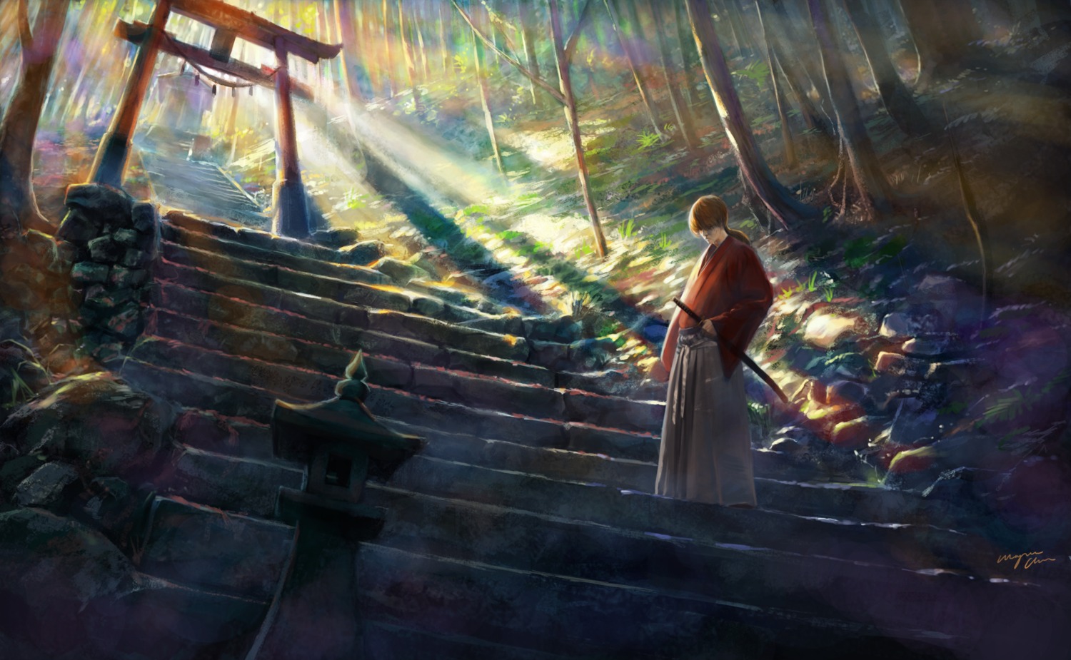 chingi, himura_kenshin, japanese_clothes, landscape, rurouni_kenshin, sword