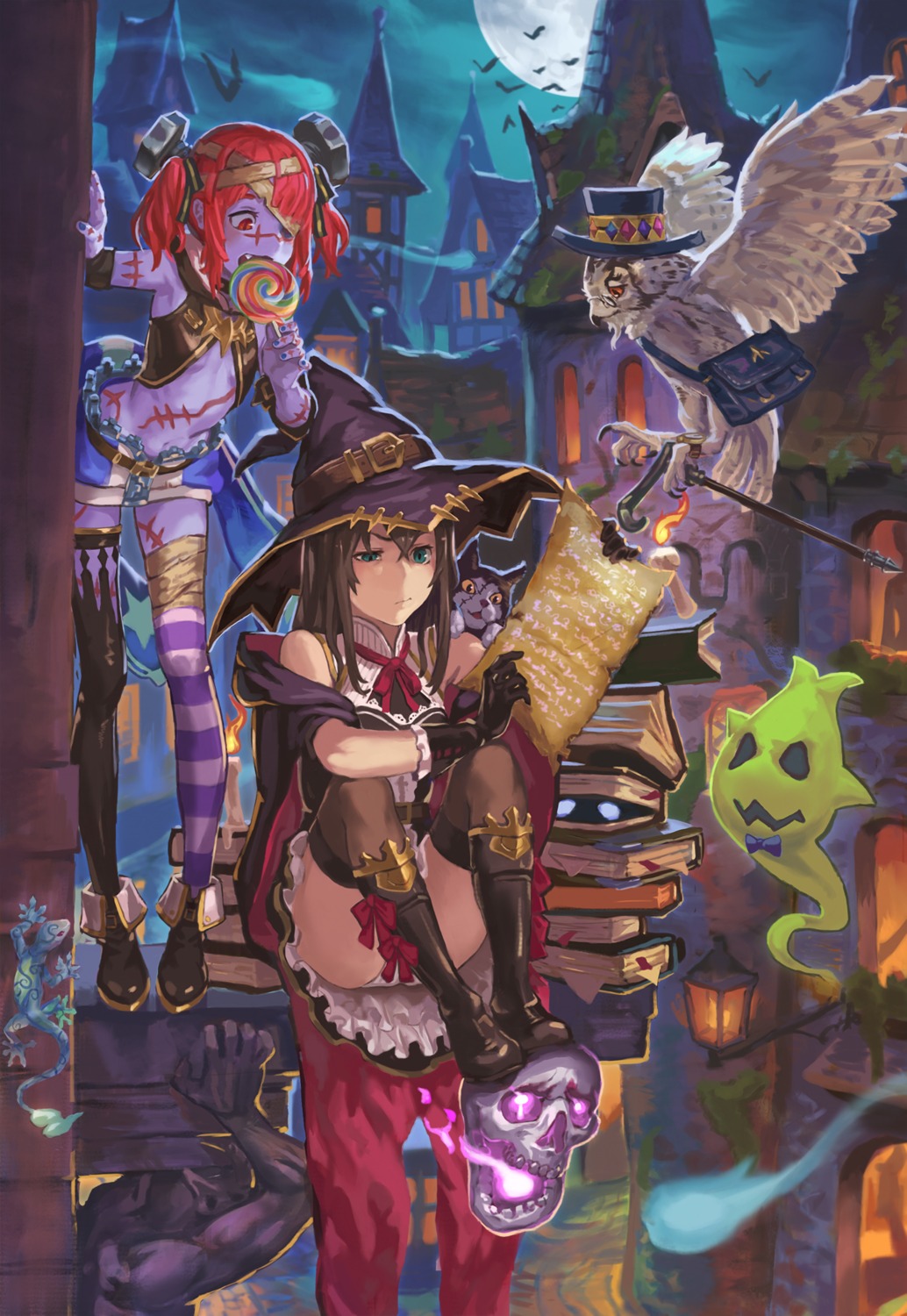 bandages, halloween, no_bra, p_shiki, pantsu, thighhighs, witch