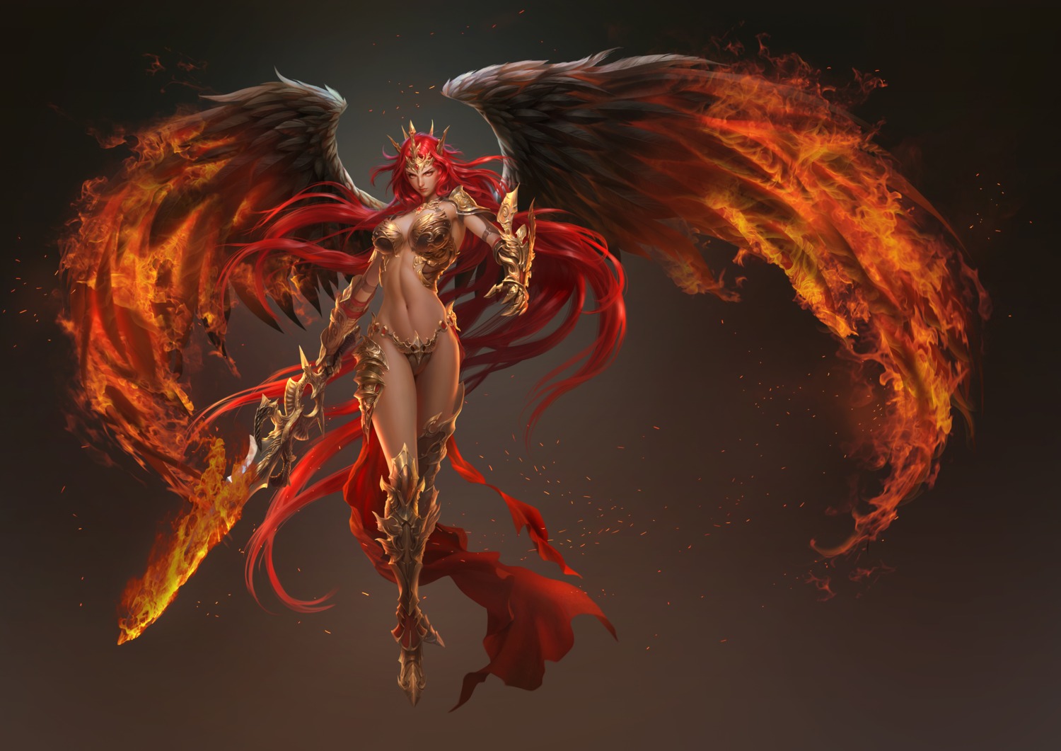 armor, bikini_armor, cleavage, league_of_angels, mikaela, sword, tagme, thighhighs, wings