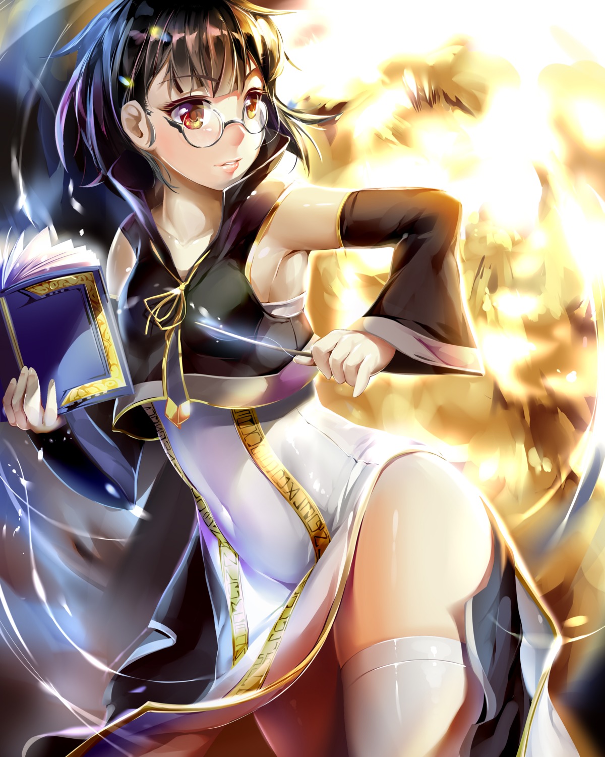 dress, megane, shuffle_(songdatiankong), thighhighs, weapon