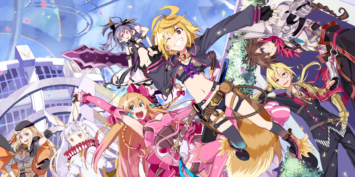 armor, cleavage, guitar, kairisei_million_arthur, megane, open_shirt, sword, tail