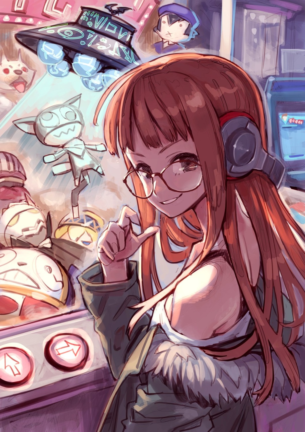 bra, headphones, katahira, megane, open_shirt, persona_5, sakura_futaba