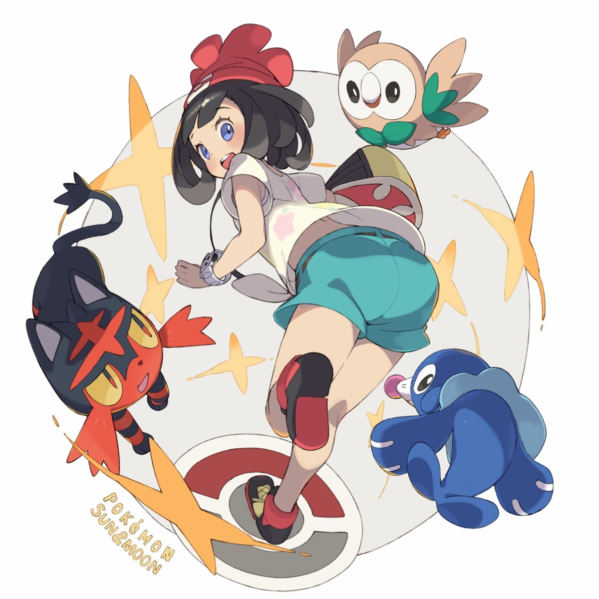ass, hajime-ill-1st, litten, mizuki_(pokemon), pokemon, pokemon_sm, popplio, rowlet