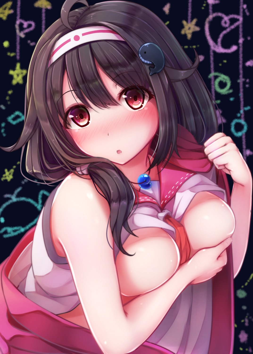 breast_hold, kantai_collection, nicoby, no_bra, ryuuhou_(kancolle), seifuku, shirt_lift, taigei_(kancolle)
