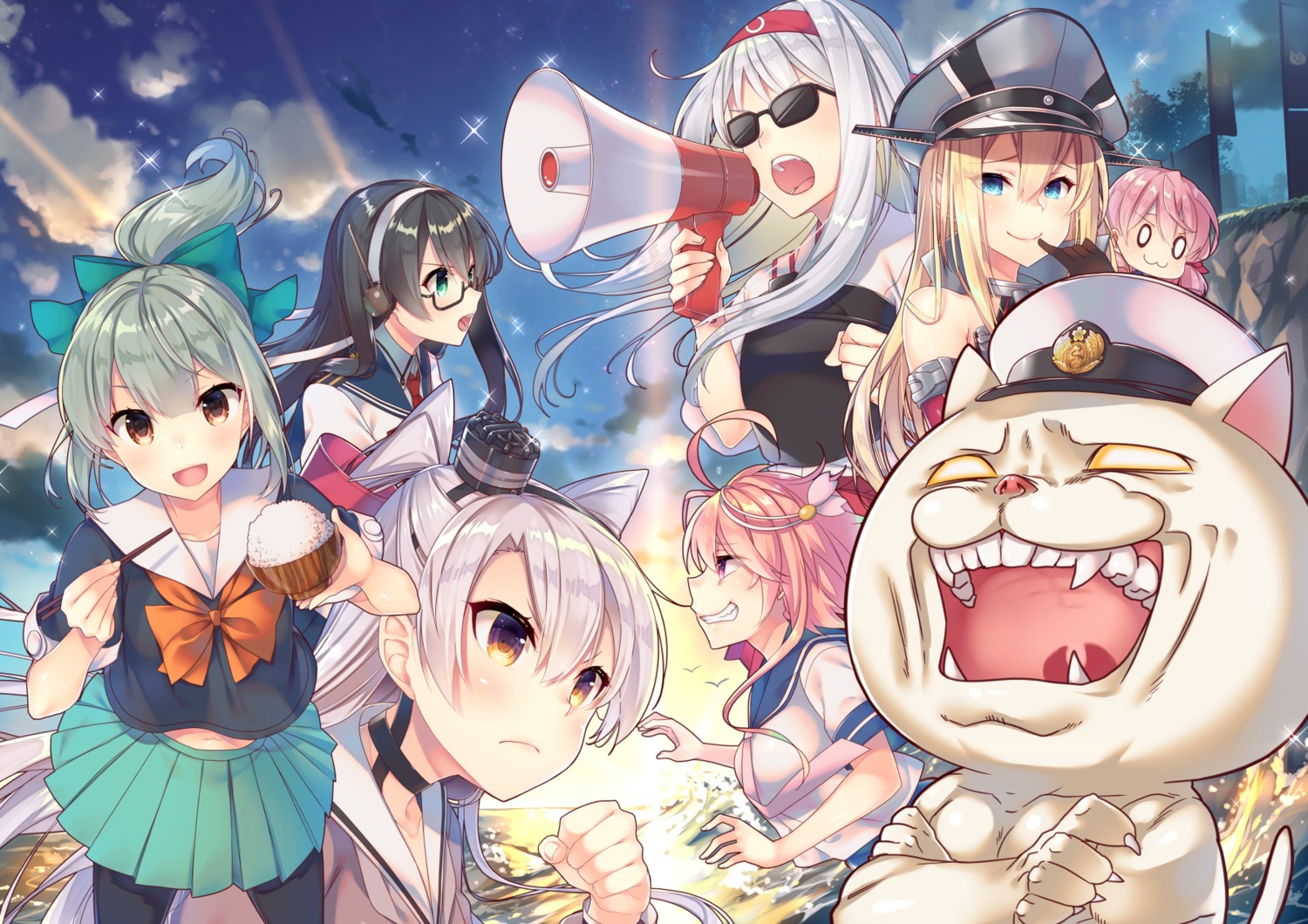 akashi_(kancolle), amatsukaze_(kancolle), bismarck_(kancolle), i-58_(kancolle), kantai_collection, megane, neko, ooyodo_(kancolle)