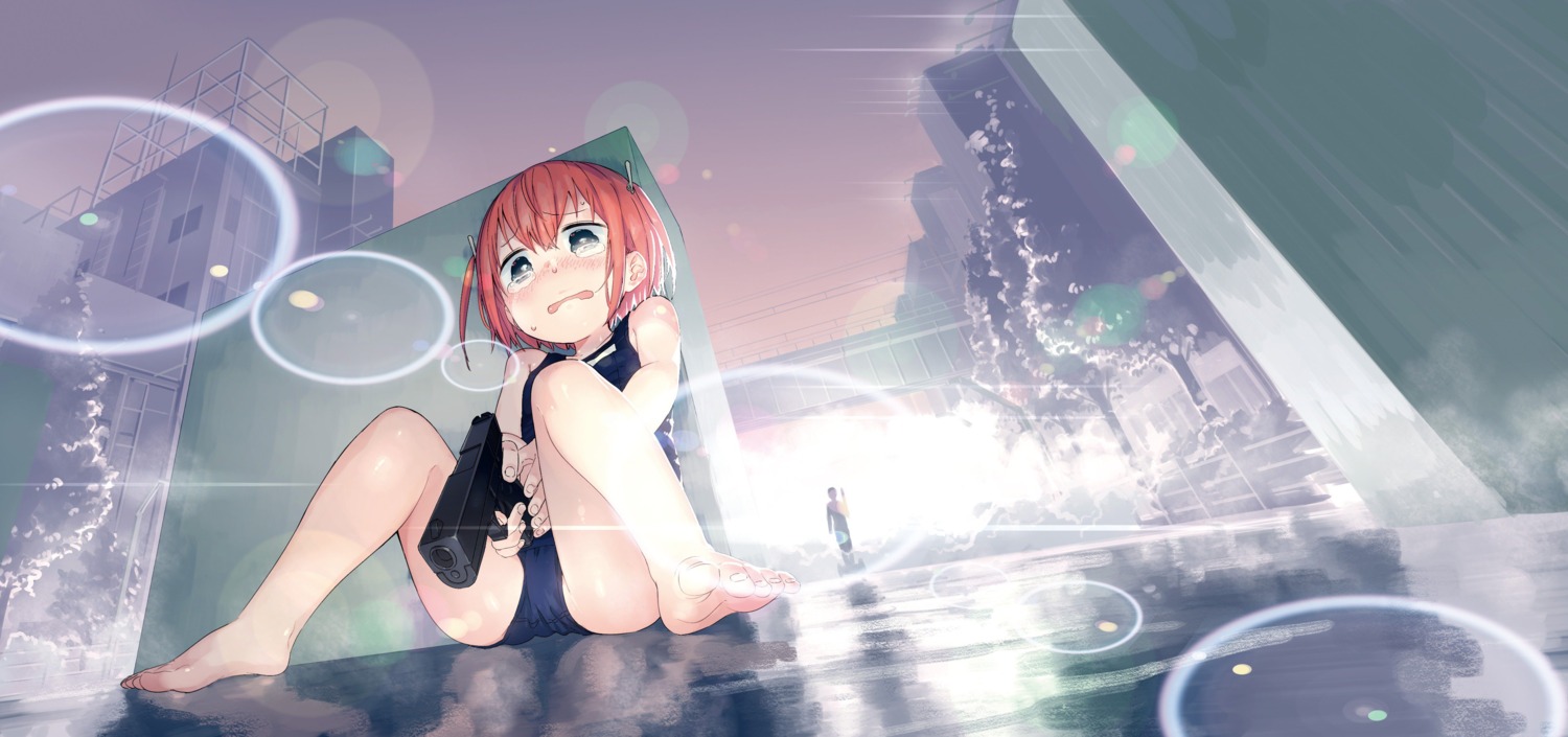 denkigai_no_honya-san, feet, fu_girl, gun, mizu_asato, school_swimsuit, swimsuits