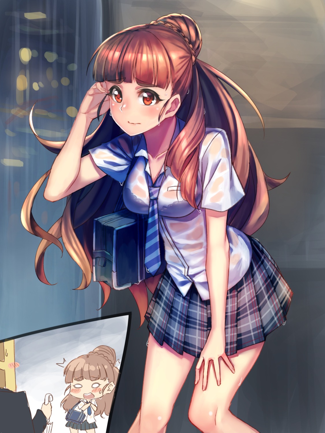 bra, chibi, hrtyuk, kamiya_nao, see_through, seifuku, the_idolm@ster, the_idolm@ster_cinderella_girls, umbrella, wet, wet_clothes