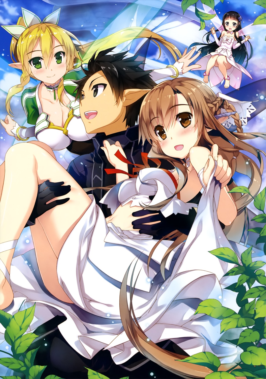 alfheim_online, asuna_(titania), cleavage, dress, fairy, fujima_takuya, kirito, leafa