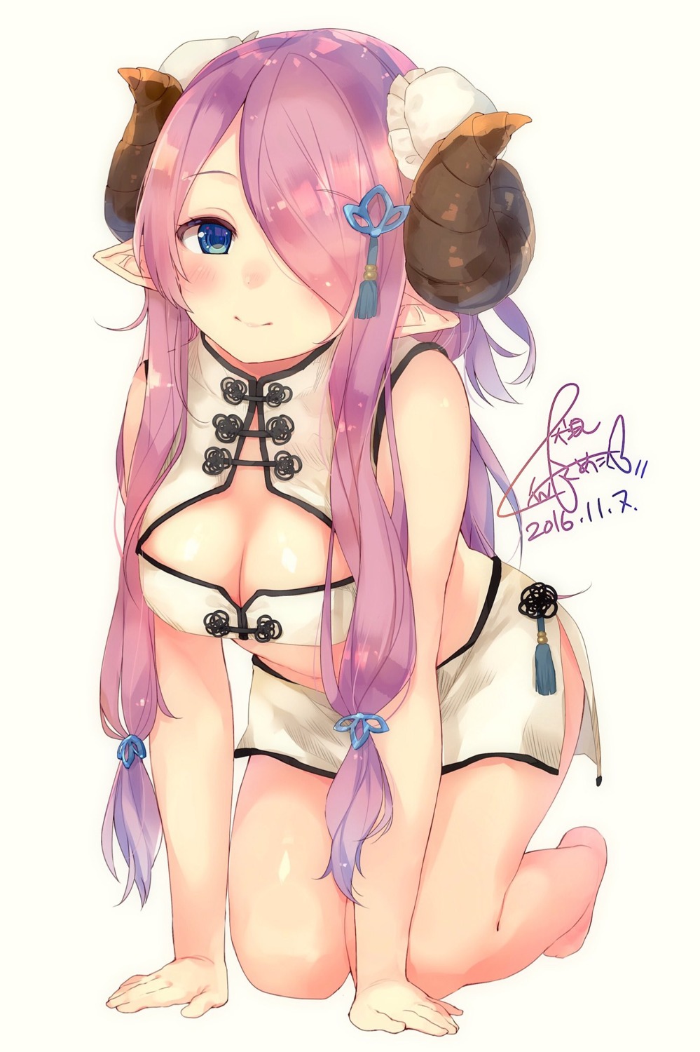 asian_clothes, autographed, cleavage, fushimi_sameta, granblue_fantasy, horns, narumeia_(granblue_fantasy), pointy_ears
