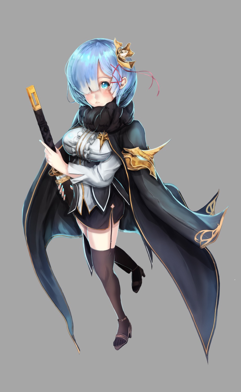 heels, moonbo, re:zero_kara_hajimeru_isekai_seikatsu, rem_(re_zero), stockings, sword, thighhighs