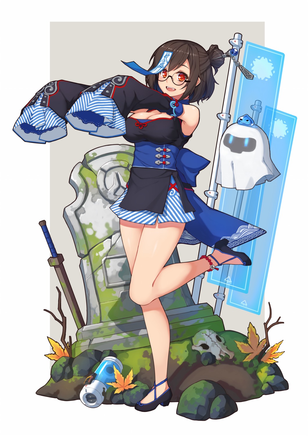 cleavage, heels, japanese_clothes, megane, mei_(overwatch), overwatch, terras, weapon