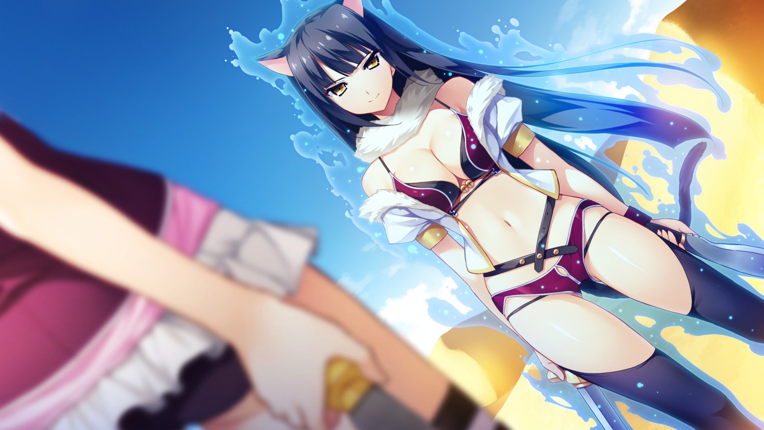 aioh_lioh_camylia, animal_ears, bikini, cleavage, curio_vita_wallroy, front_wing, fumio, game_cg, hatsuru_koto_naki_mirai_yori, nekomimi, open_shirt, swimsuits, sword, tail, thighhighs, weapon