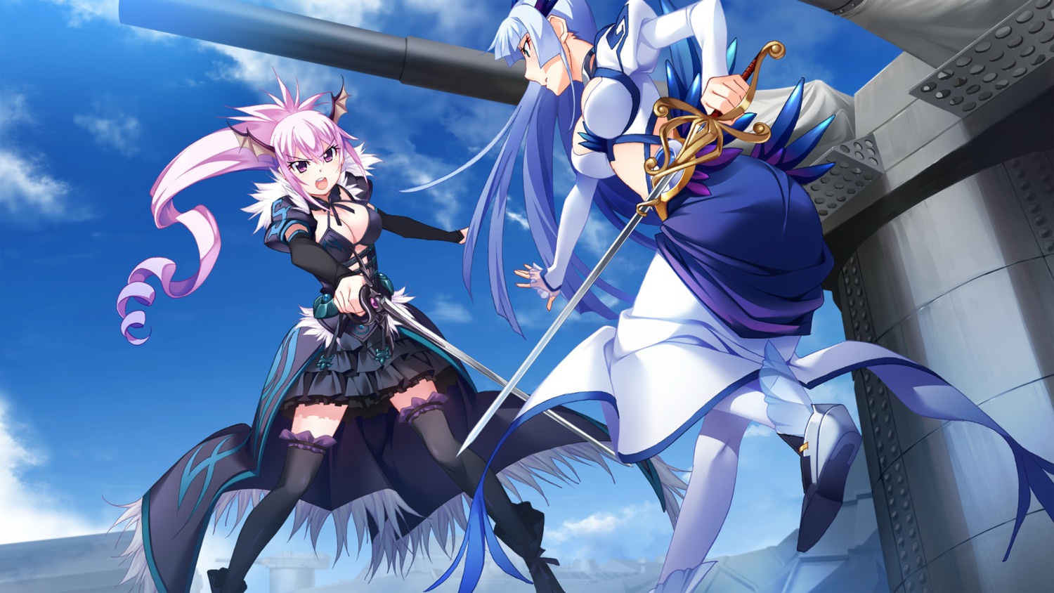 cleavage, front_wing, game_cg, hatsuru_koto_naki_mirai_yori, sword, thighhighs, watanabe_akio, wings, yukikaze_geneblood
