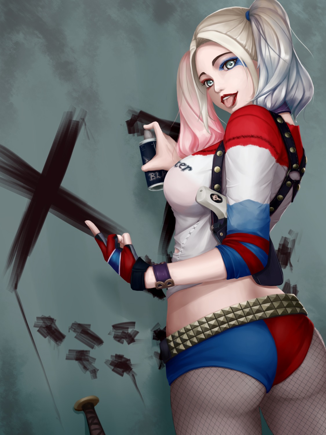 ass, batman, dc_comics, dydydyok, fishnets, gun, harley_quinn, pantyhose