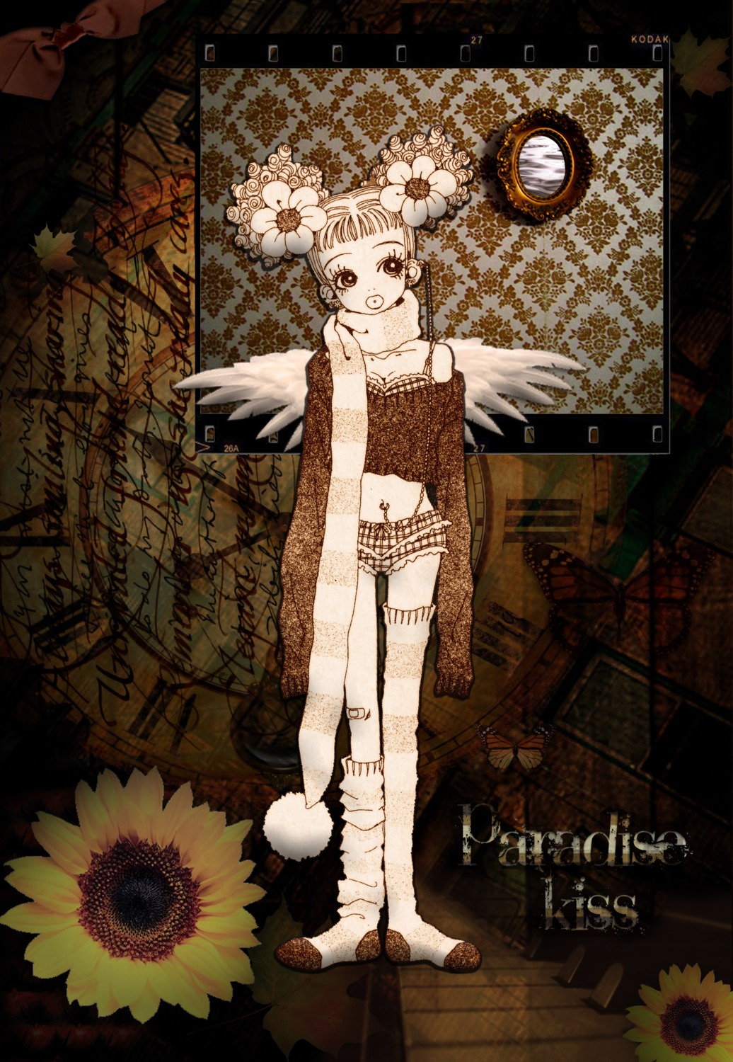 angel, bandaid, cleavage, monochrome, paradise_kiss, sakurada_miwako, thighhighs, wings