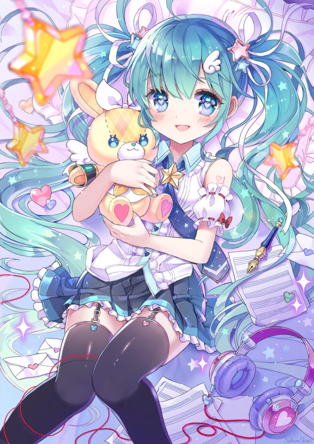 hatsune_miku, headphones, sakura_shiori, stockings, tattoo, thighhighs, vocaloid