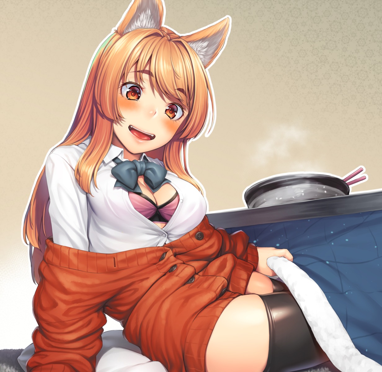 animal_ears, bra, cleavage, kasei, open_shirt, sweater, thighhighs