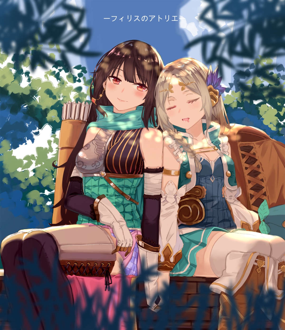 alvein6, armor, atelier, atelier_firis, cleavage, firis_mistlud, liane_mistlud, thighhighs