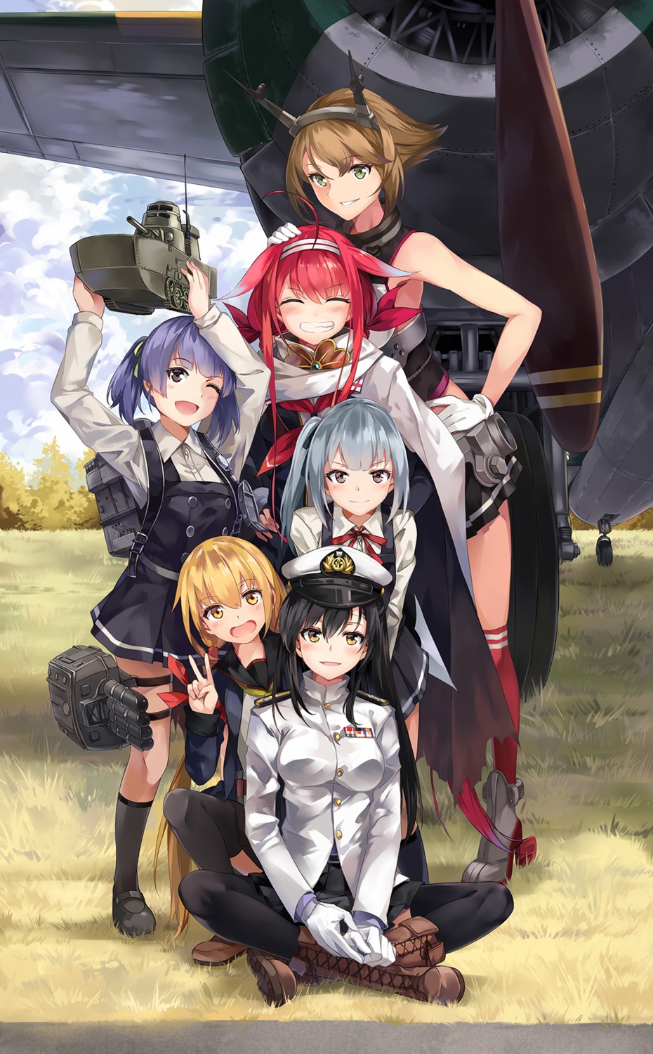 female_admiral_(kancolle), heels, kantai_collection, kasumi_(kancolle), kawakaze_(kancolle), mutsu_(kancolle), neko_(yanshoujie), ooshio_(kancolle), satsuki_(kancolle), seifuku, thighhighs, uniform