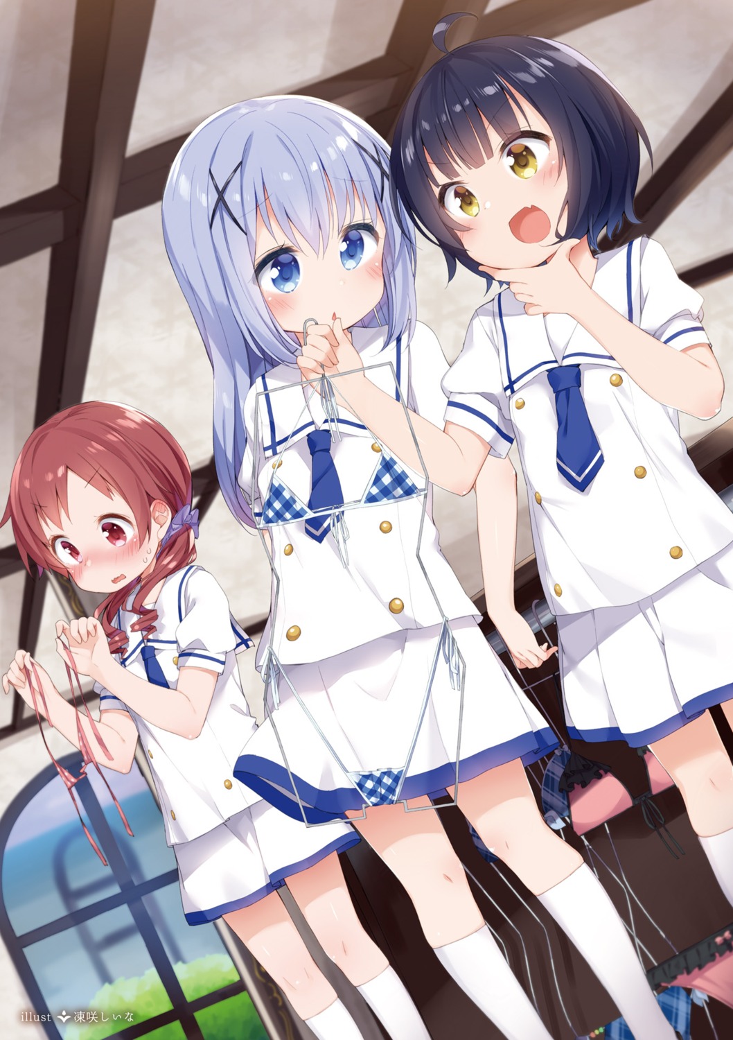 bikini, digital_version, gochuumon_wa_usagi_desu_ka?, jouga_maya, kafuu_chino, natsu_megumi, seifuku, swimsuits, tousaki_shiina
