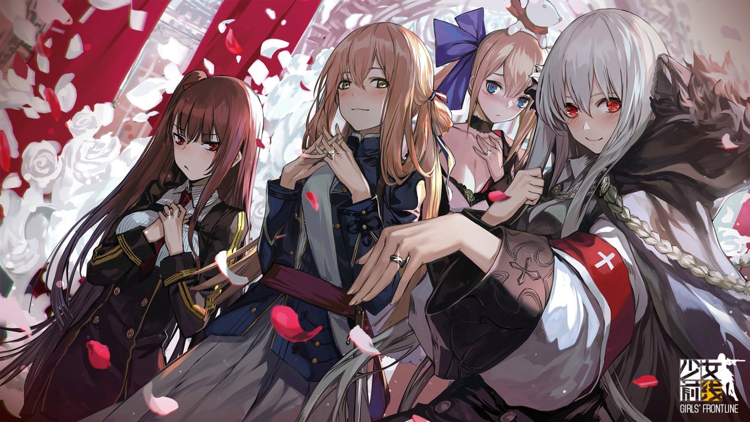 cleavage, duoyuanjun, fal_(girls_frontline), girls_frontline, kar98k_(girls_frontline), springfield_(girls_frontline), uniform, wa2000_(girls_frontline), wallpaper