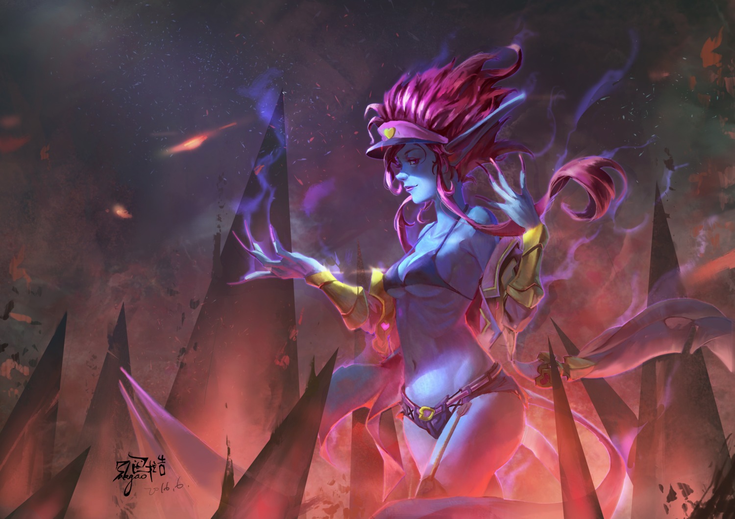 armor, balagao, bikini_top, cleavage, evelynn, league_of_legends, pointy_ears, stockings