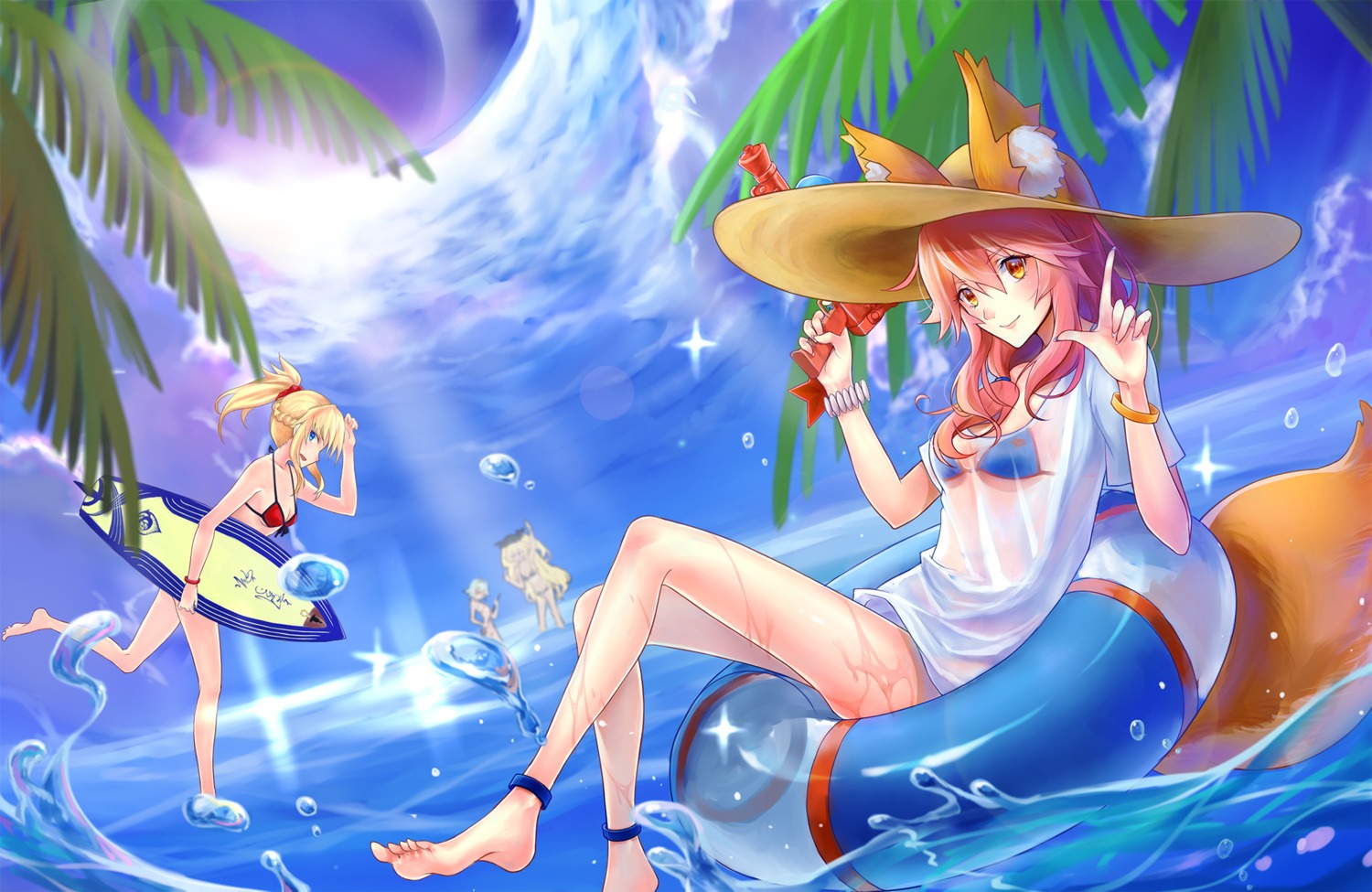 anne_bonny_(fate/grand_order), bikini, cleavage, fate/extra, fate/grand_order, fate/stay_night, gun, mary_read_(fate/grand_order), mordred_(fate), see_through, swimsuits, tamamo_no_mae, tokikouhime, wet, wet_clothes