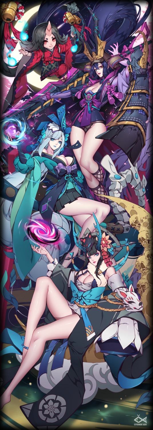 aoandon, armor, citemer, cleavage, enma_(onmyouji), horns, japanese_clothes, no_bra
