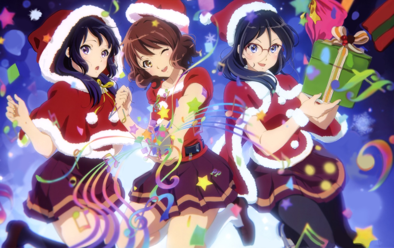 christmas, detexted, hado_maiko, heels, hibike!_euphonium, kousaka_reina, megane, oumae_kumiko, pantyhose, seifuku, tanaka_asuka, thighhighs