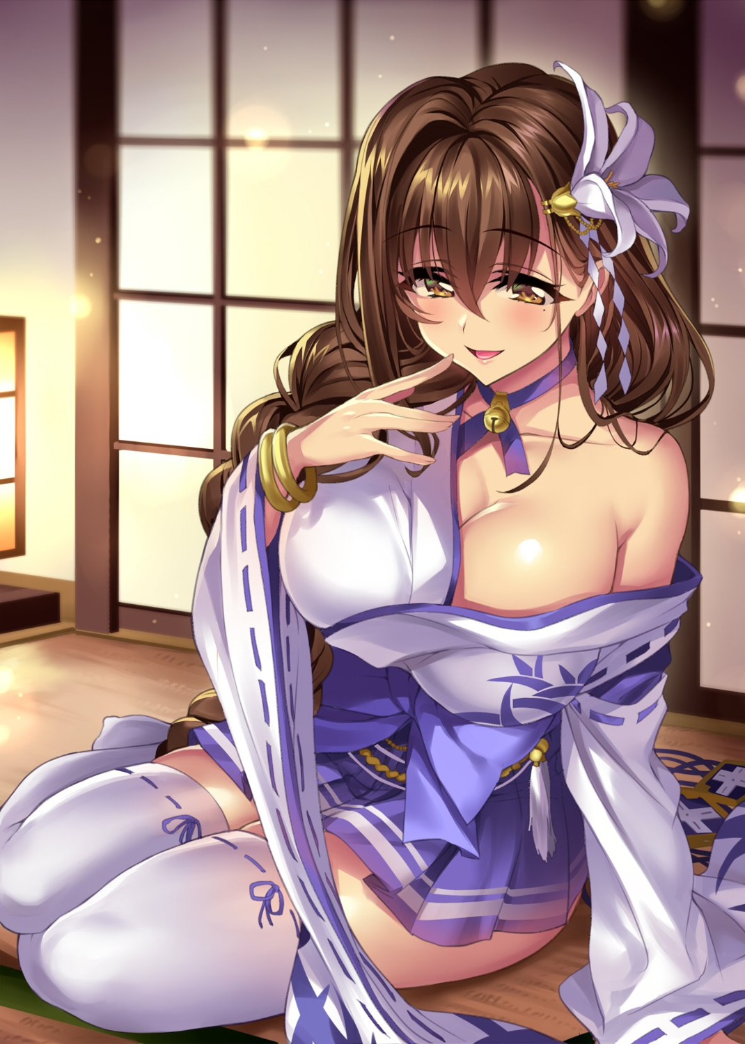 cleavage, japanese_clothes, kanpani_girls, open_shirt, senri_gan, shirayuri_sakura, thighhighs