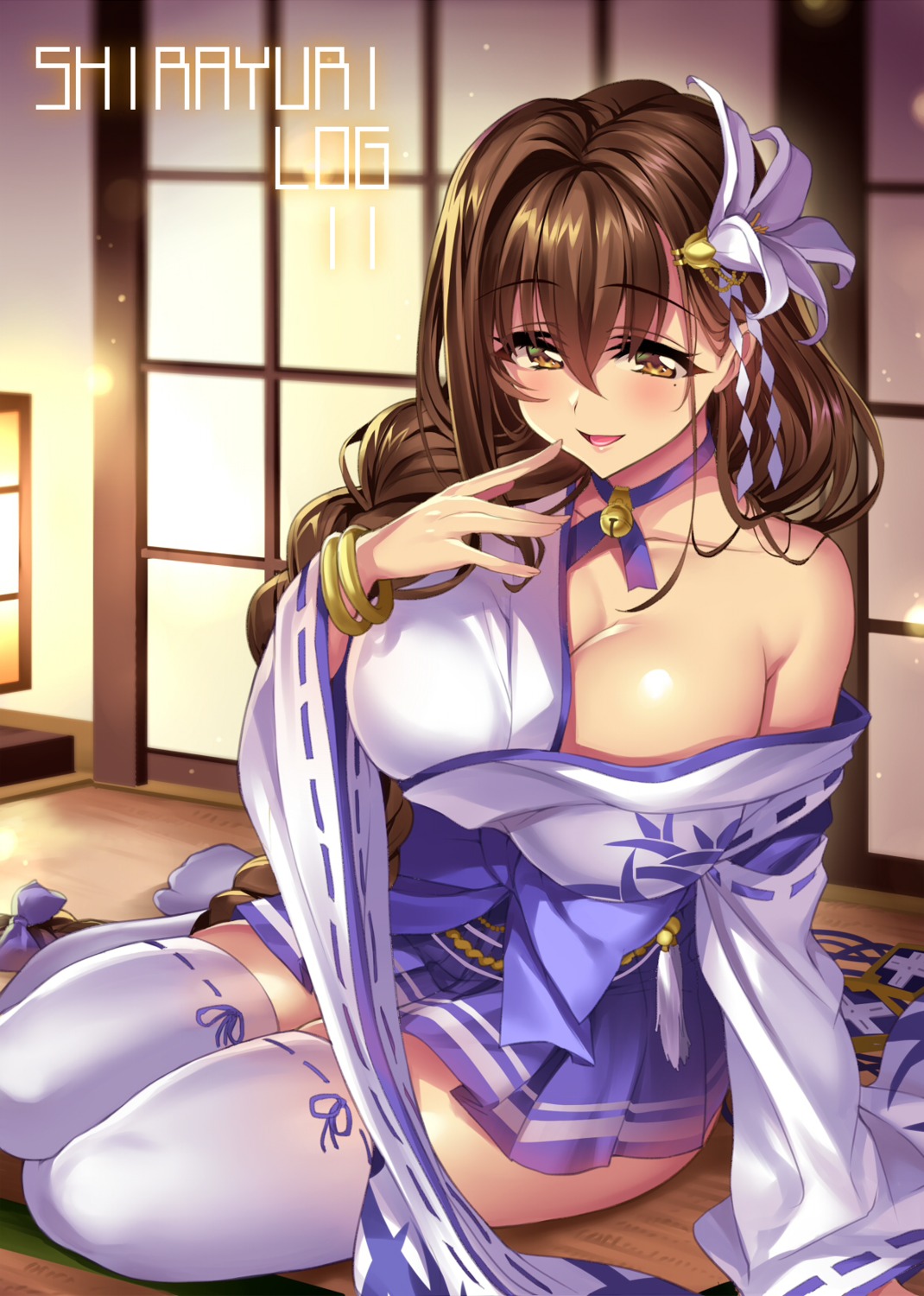 cleavage, japanese_clothes, kanpani_girls, open_shirt, senri_gan, shirayuri_sakura, thighhighs