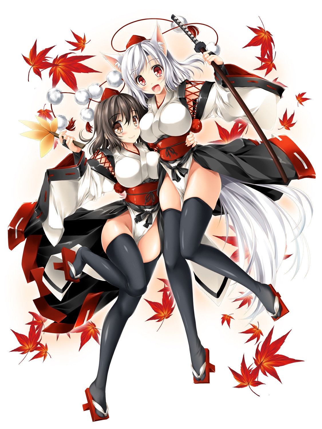 animal_ears, inubashiri_momiji, kamiya_tomoe, shameimaru_aya, sword, tail, thighhighs, touhou