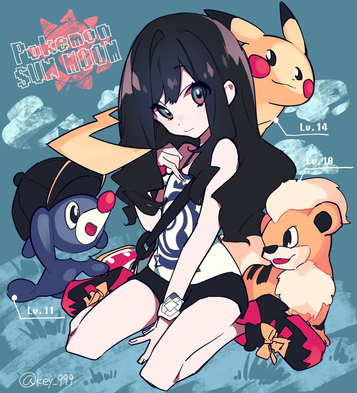 growlithe, mizuki_(pokemon), mochizuki_kei, pikachu, pokemon, pokemon_sm, popplio