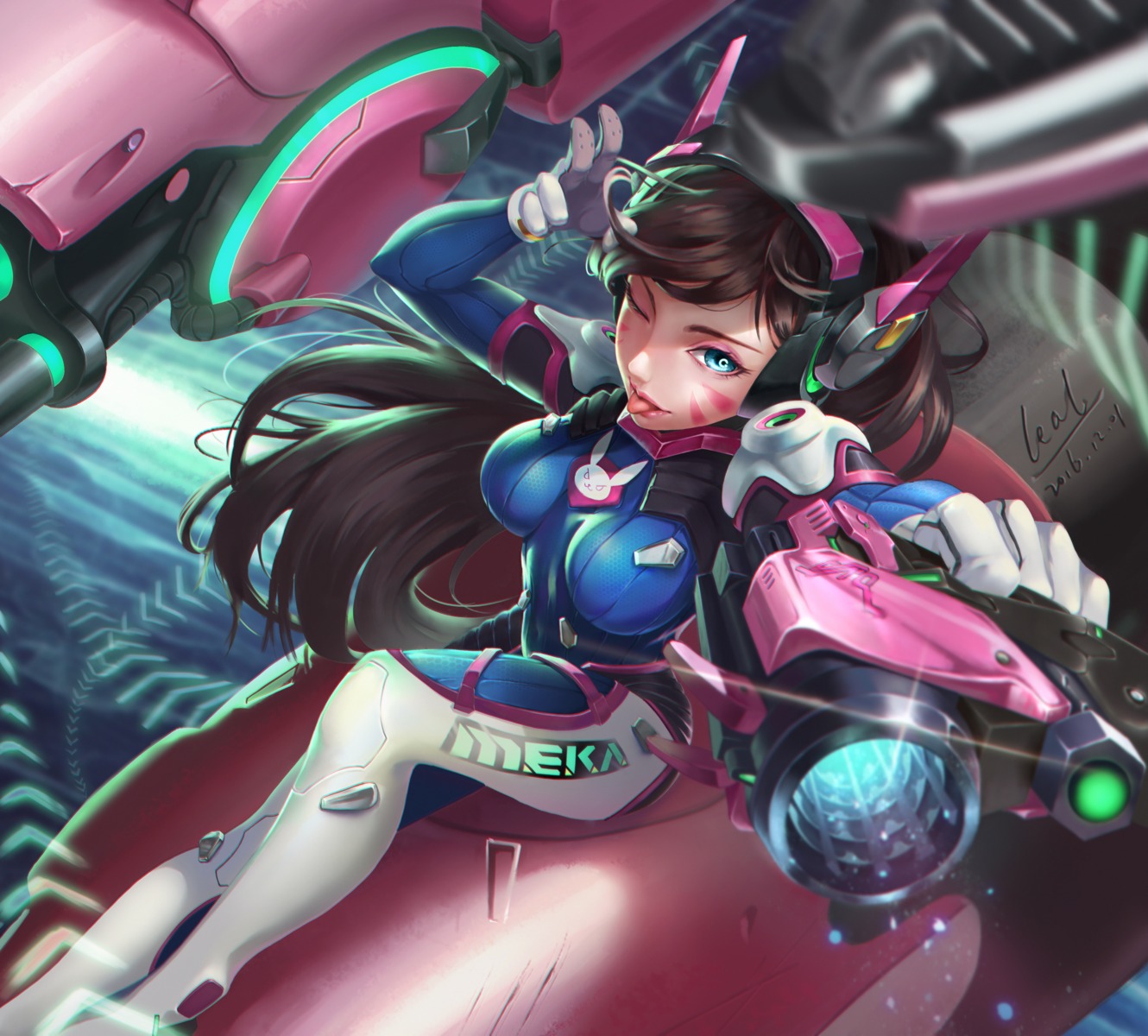 bodysuit, d.va, gun, headphones, leal666, mecha, overwatch