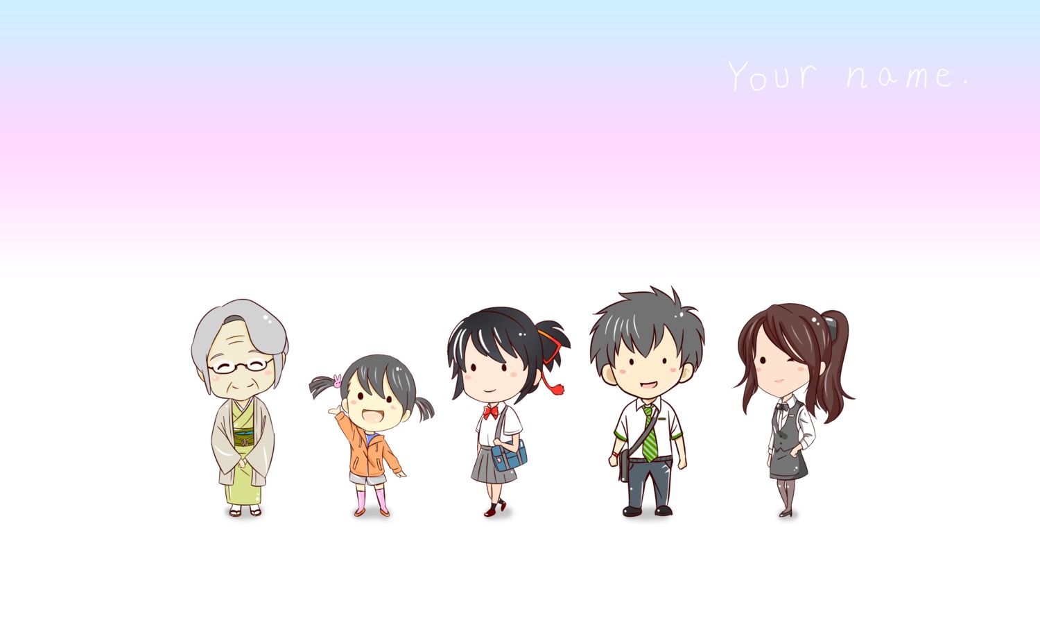 chibi, heels, kimi_no_na_wa., megane, miyamizu_hitoha, miyamizu_mitsuha, miyamizu_yotsuha, okudera_miki